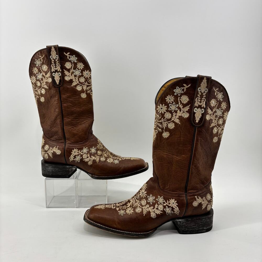 Cavender's Woman Size 10 Western Boots Chestnut Brown Floral Embroidery Leather - Picture 7 of 14